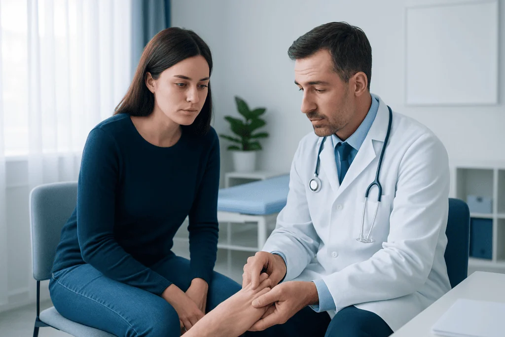Doctor examining patient's foot in a medical consultation room.