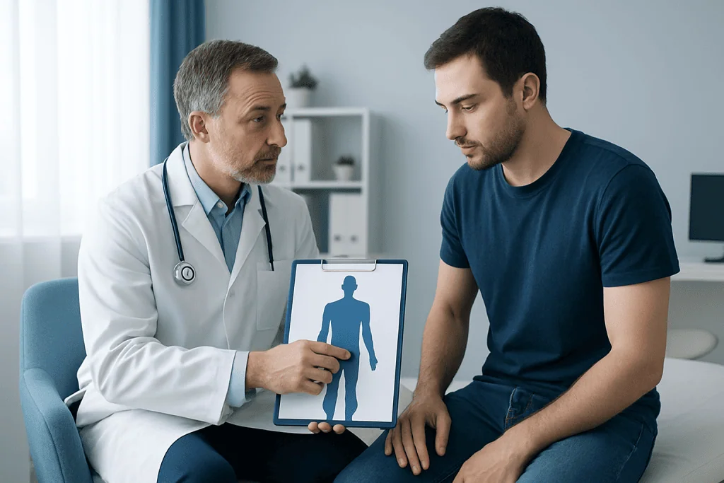 Doctor explaining inguinal lymph nodes to patient with diagram.