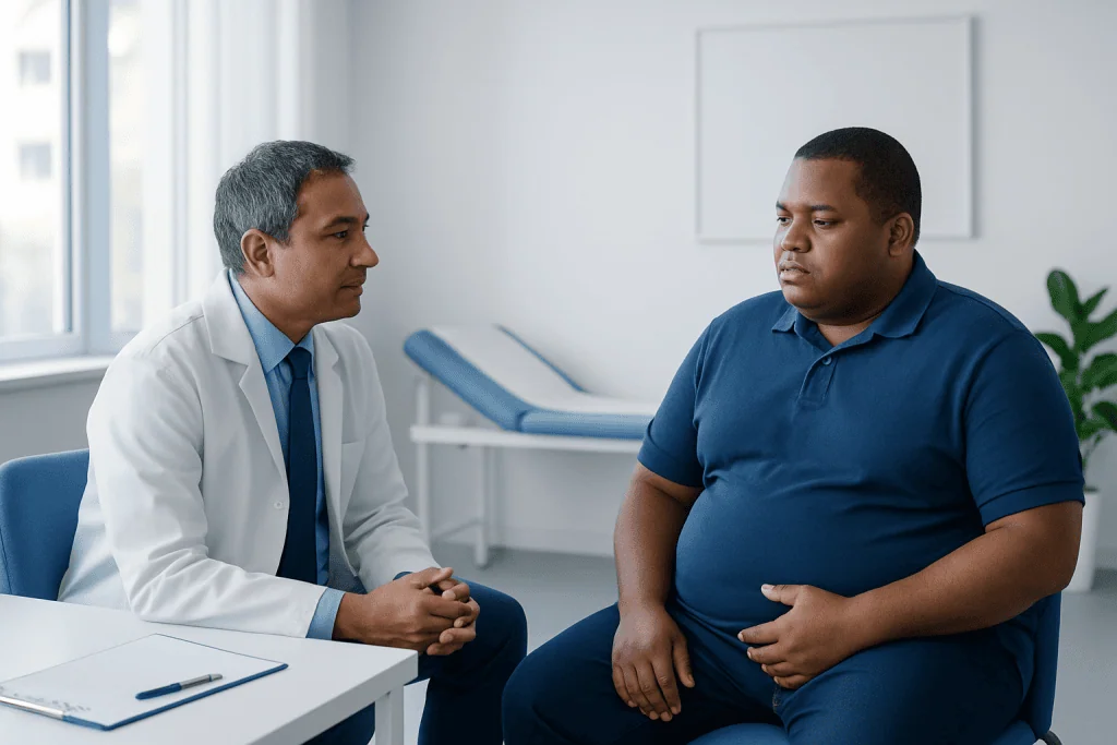 Doctor consulting with a patient about health concerns in a medical office.