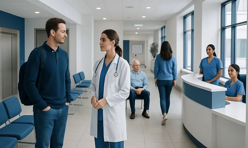Hospital reception area with medical staff and patients.