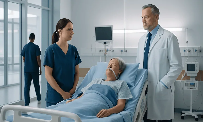 Medical team consulting with patient in hospital room at Acibadem Hospitals Group.