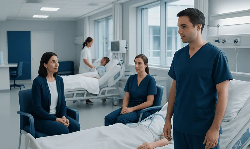 Medical team consulting patient in ICU after surgery at Acibadem Hospital.