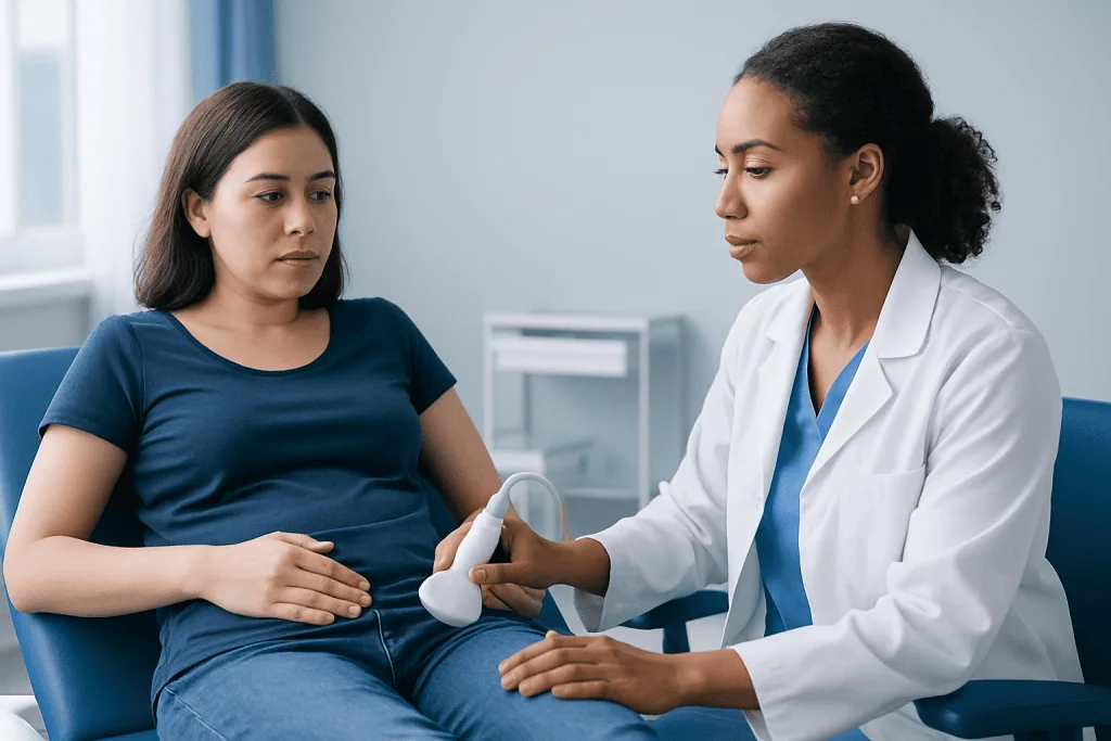 Doctor examining a young woman with a handheld ultrasound device.
