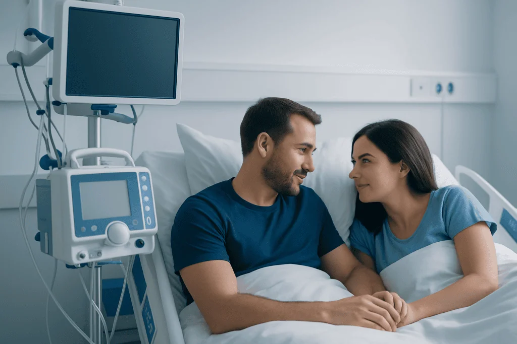 Happy couple in hospital bed after medical treatment at Acibadem Hospitals Group.