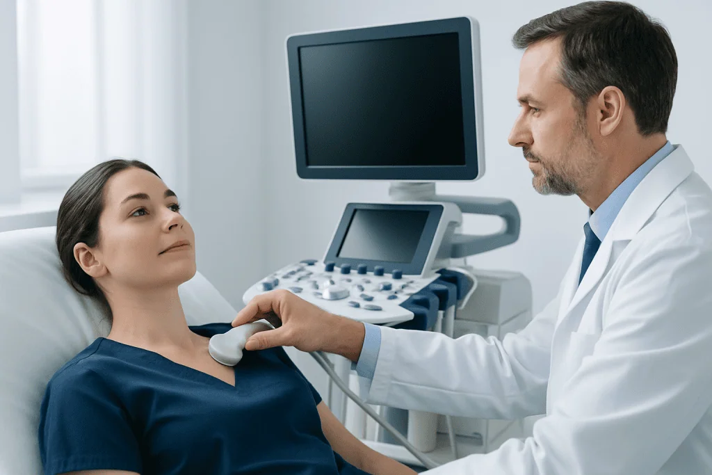 Doctor performing an ultrasound on a patient in a medical clinic.