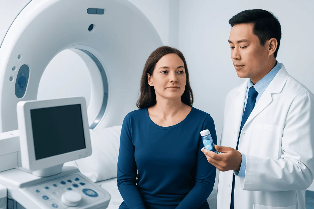 Doctor explaining medical test results to a patient in a hospital.