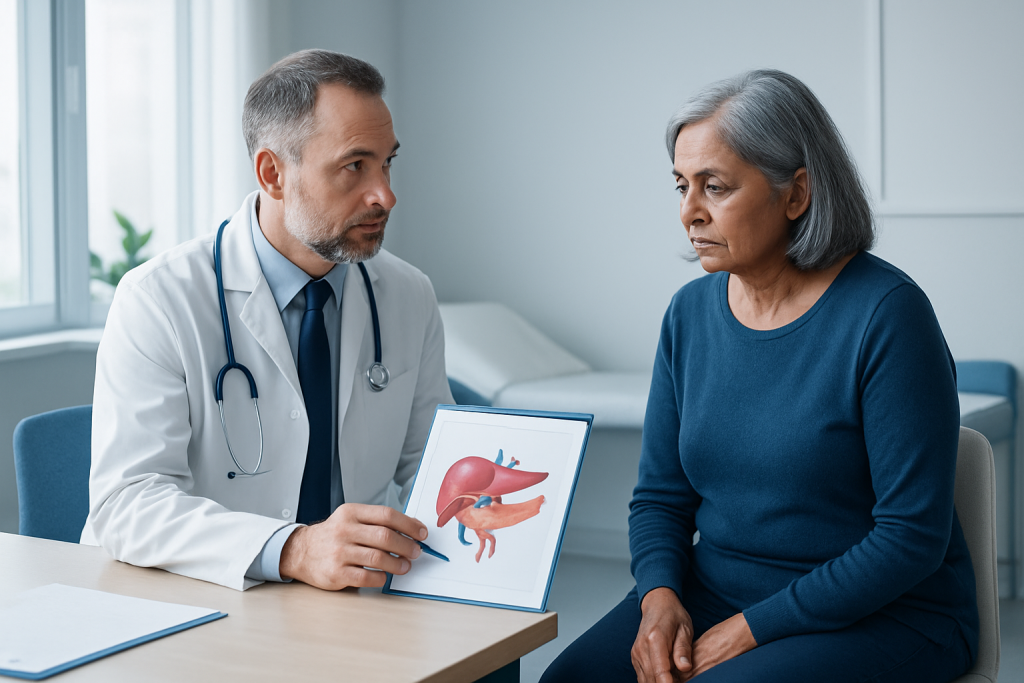Doctor explaining pancreas health to an elderly woman with a 3D pancreas model.