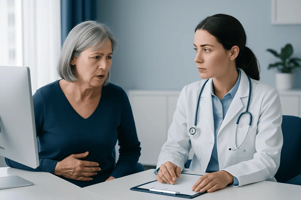 Doctor consulting with an older female patient in a medical office.