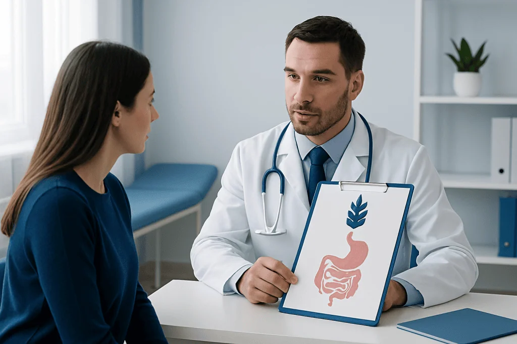 Doctor explaining digestive system to patient in medical consultation room.