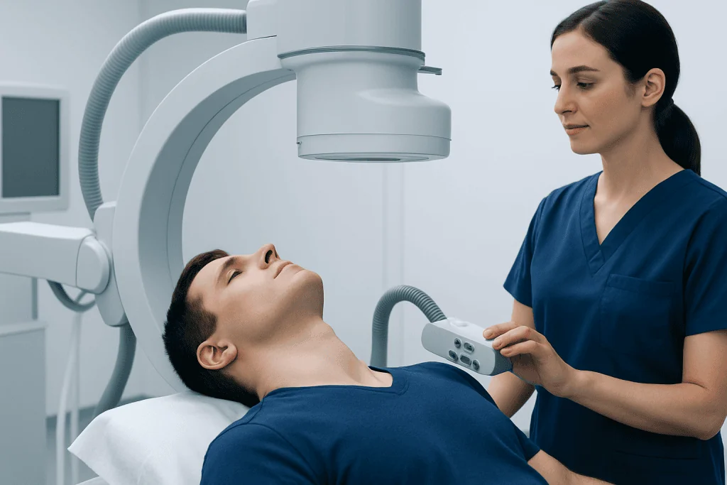 Medical professional performs thyroid ultrasound on patient in hospital.