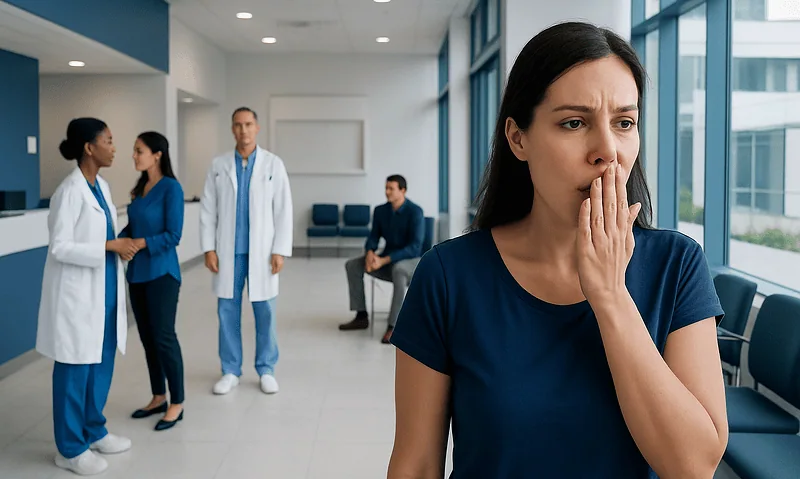 Woman worried about bad breath in hospital waiting area.