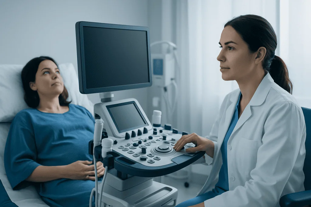 Medical professional performing ultrasound on a pregnant woman in hospital.