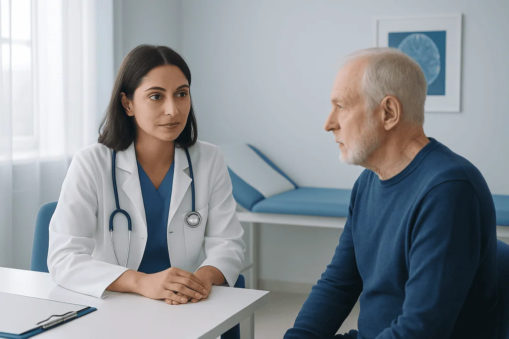 Doctor consulting with an elderly male patient in a medical office.