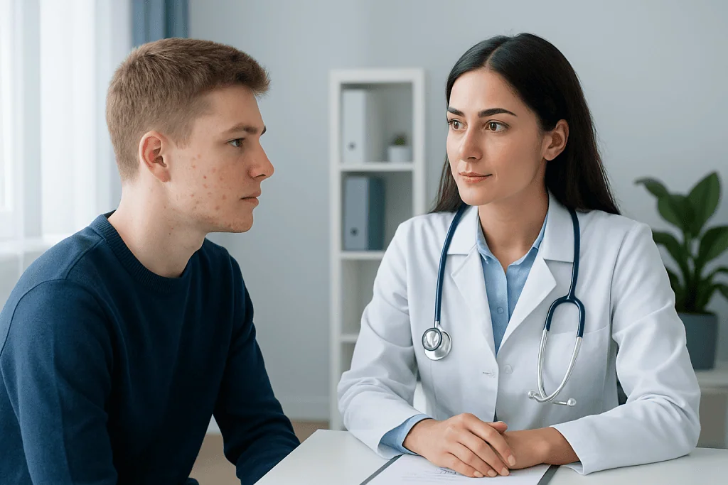 Doctor consulting with a young patient about skin issues in a clinic.
