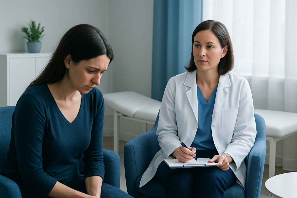 Doctor consulting with a patient in a medical office setting.