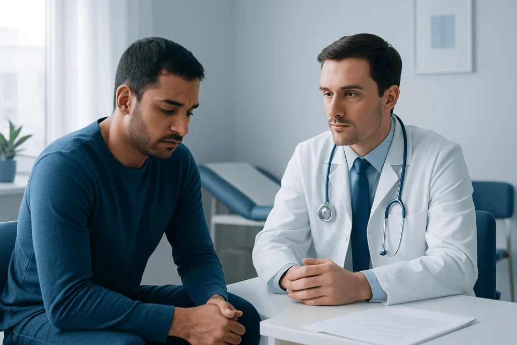 Doctor consulting with male patient in a medical office setting.