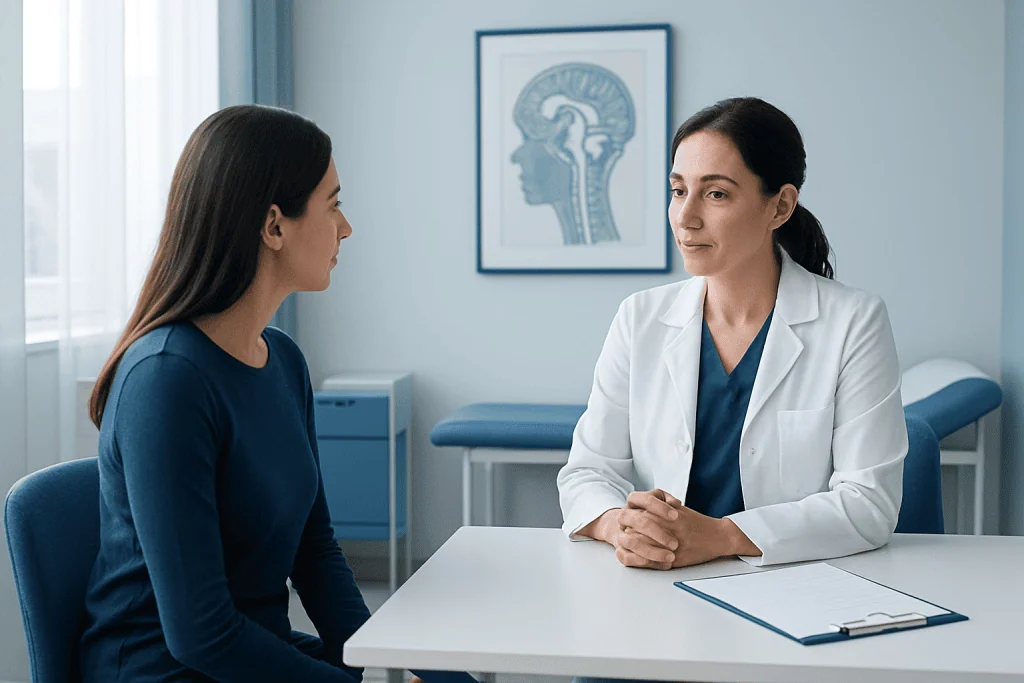 Doctor consulting with patient in a medical office with brain diagram on the wall.