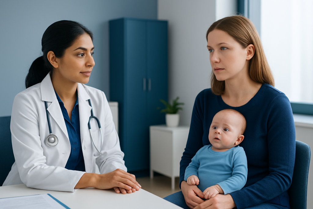 Pediatric consultation with a doctor and mother holding a baby in a clinic.