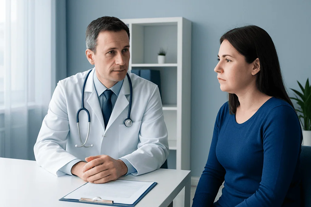 Doctor consulting with a female patient in a medical office.