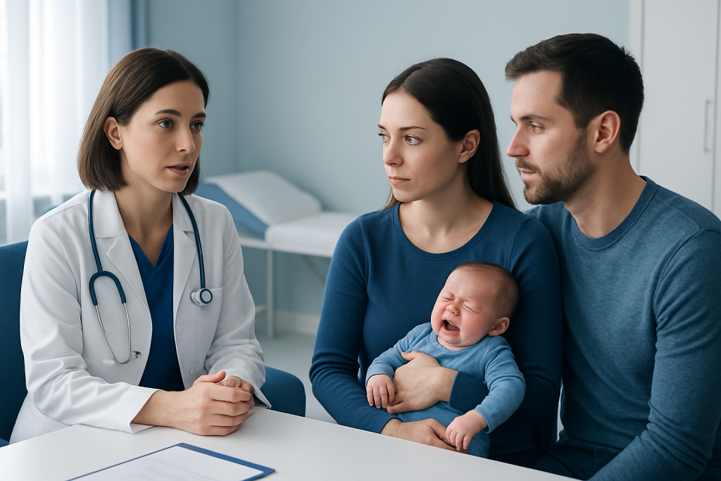 Pediatric consultation with doctor and parents in a hospital setting.