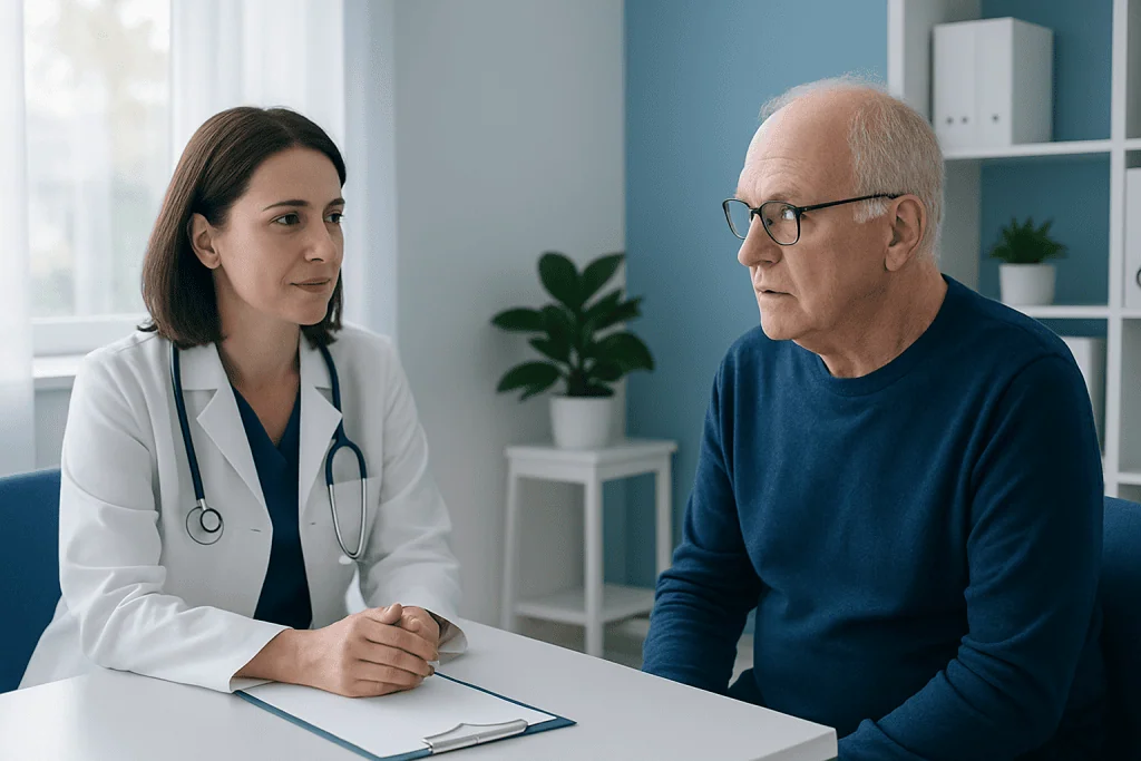 Doctor consulting with an elderly male patient in a modern clinic.