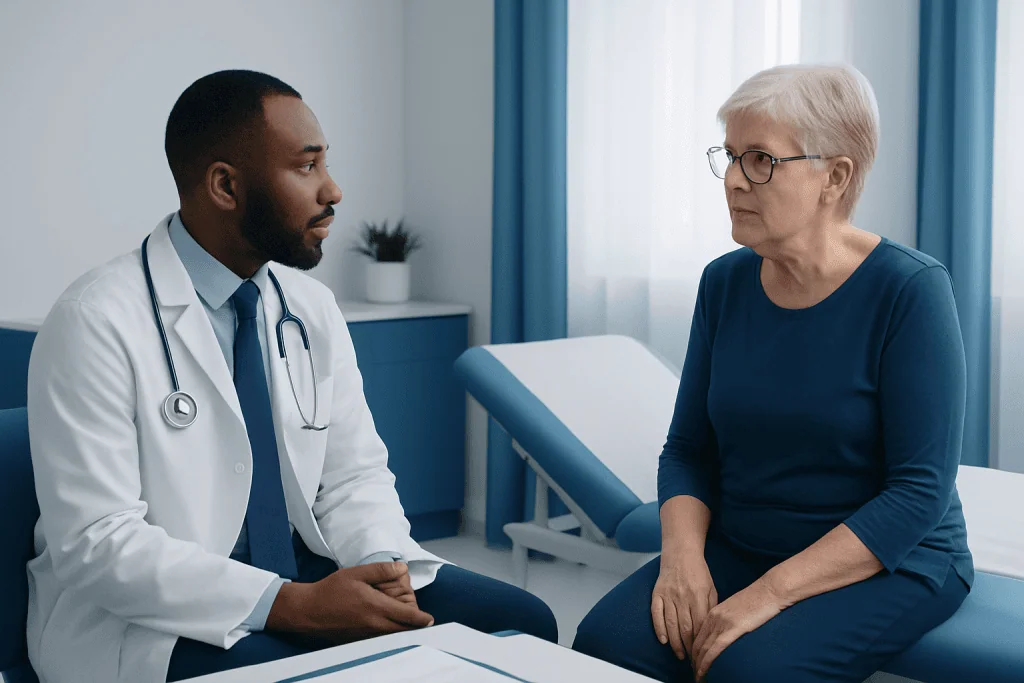 Doctor consulting with an elderly female patient in a medical office.