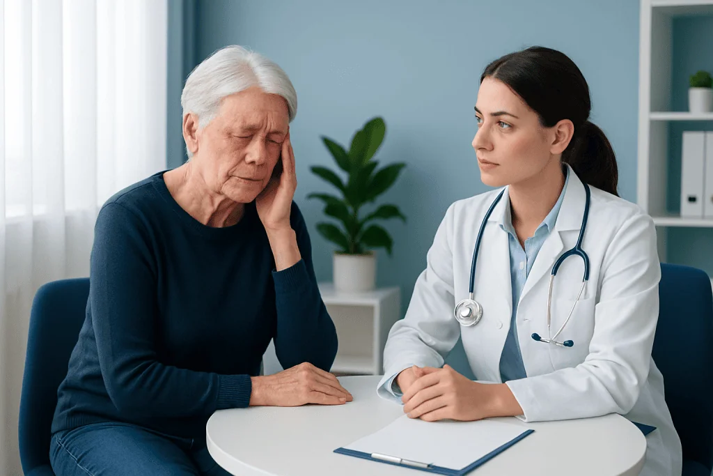 Doctor consulting with elderly patient about eye health and shingles symptoms.