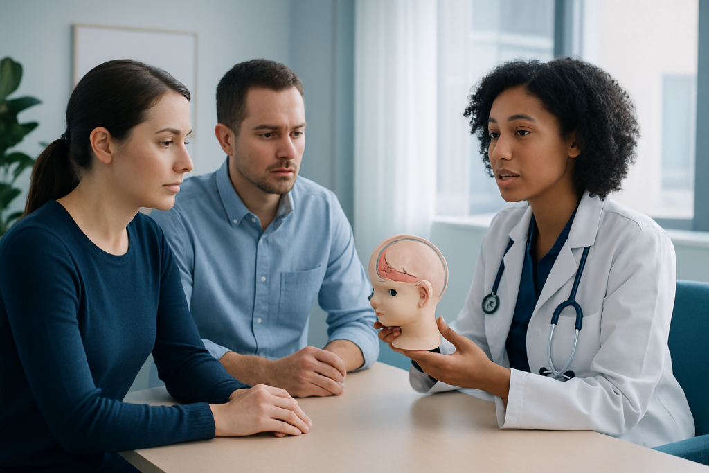 Pediatric consultation at Acibadem Hospital with doctor explaining skull anatomy to parents.