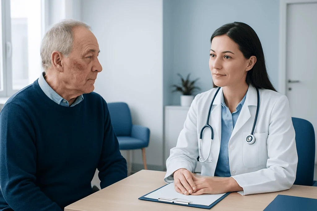 Doctor consulting with elderly patient in a medical office setting.