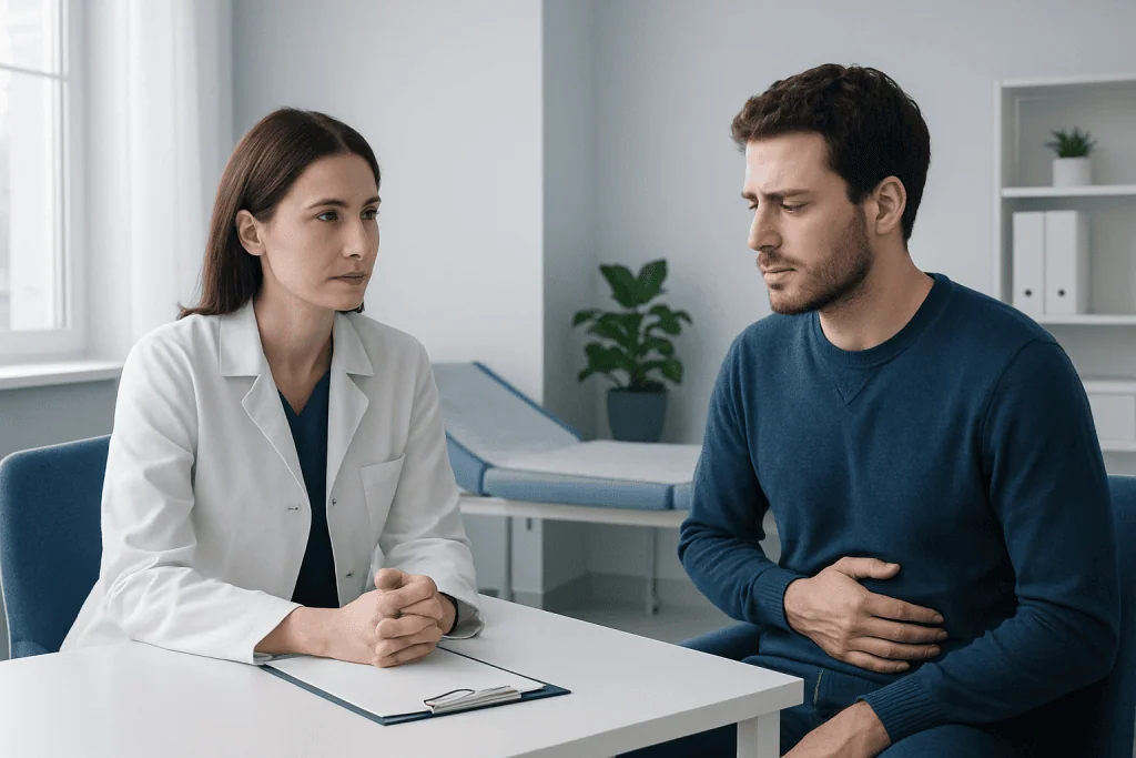 Doctor consulting with patient about health concerns in a clinical setting.