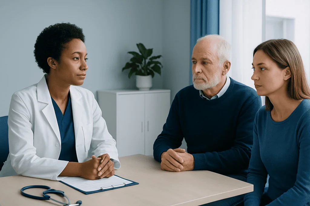 Doctor consulting with a patient and companion in a medical office.