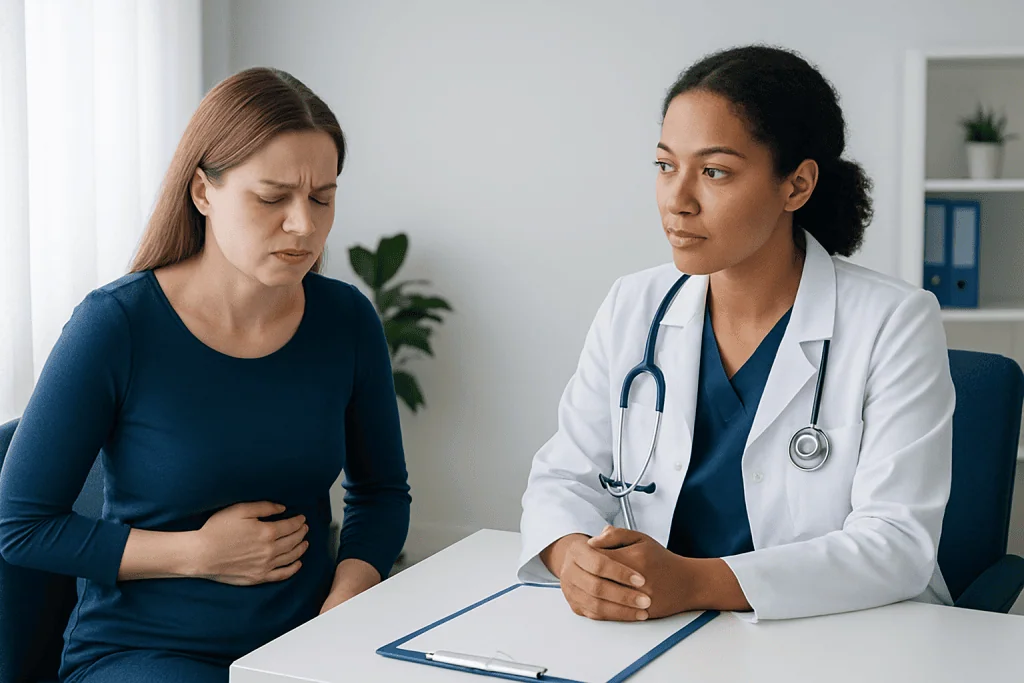 Doctor consulting with a patient experiencing stomach pain.