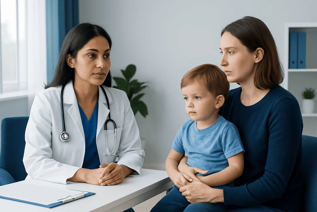 Doctor consulting with mother and child in hospital setting.