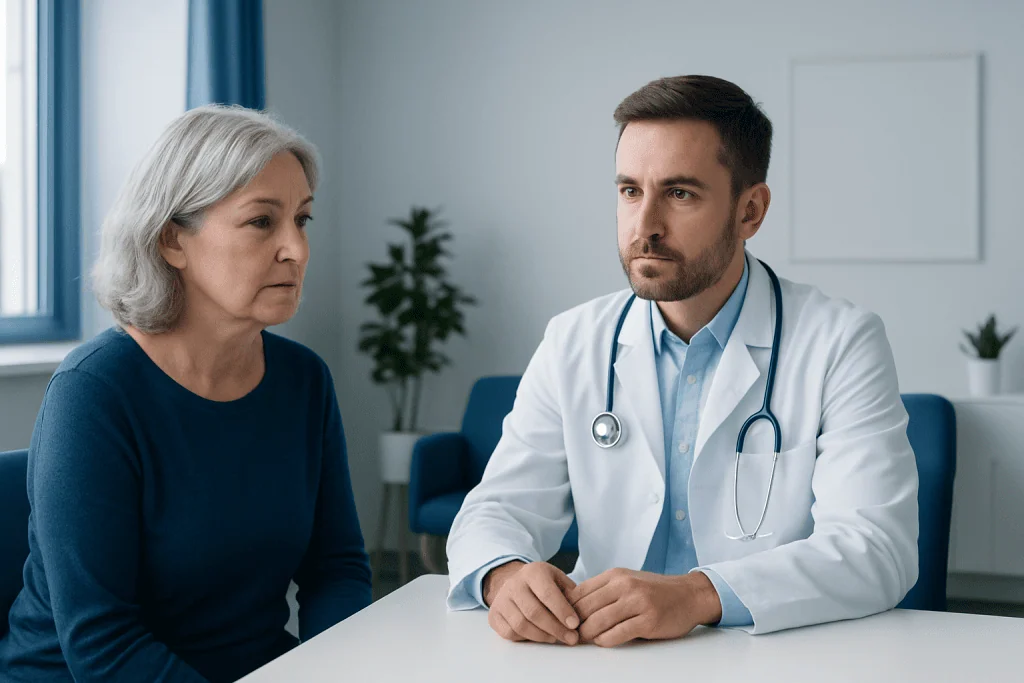 Doctor consulting with an older female patient in a medical office.