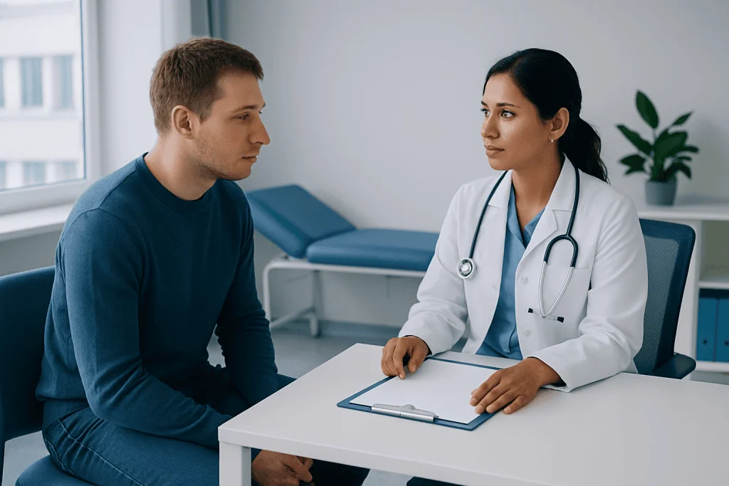 Doctor consulting with male patient in a medical office.
