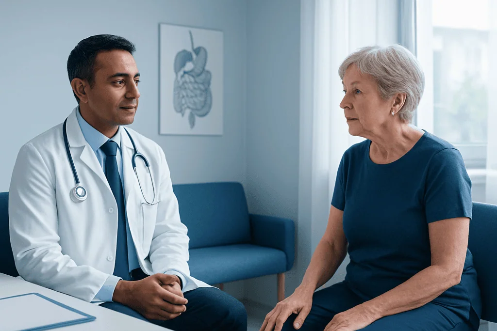 Doctor consulting with an elderly female patient in a medical office.