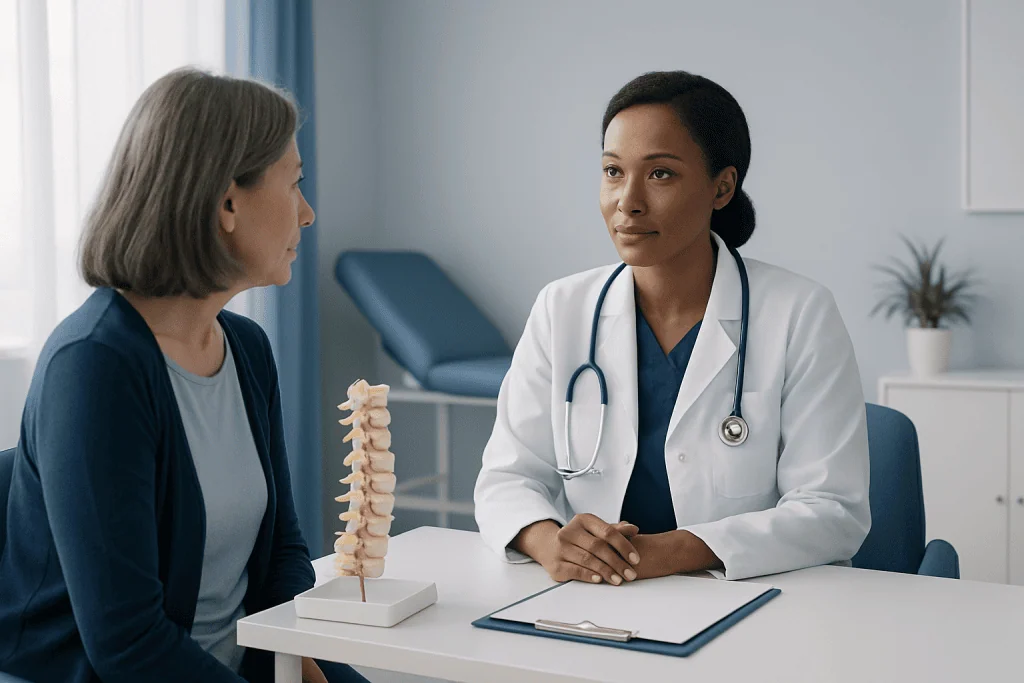 Doctor consulting patient about cervical spine health in clinic.