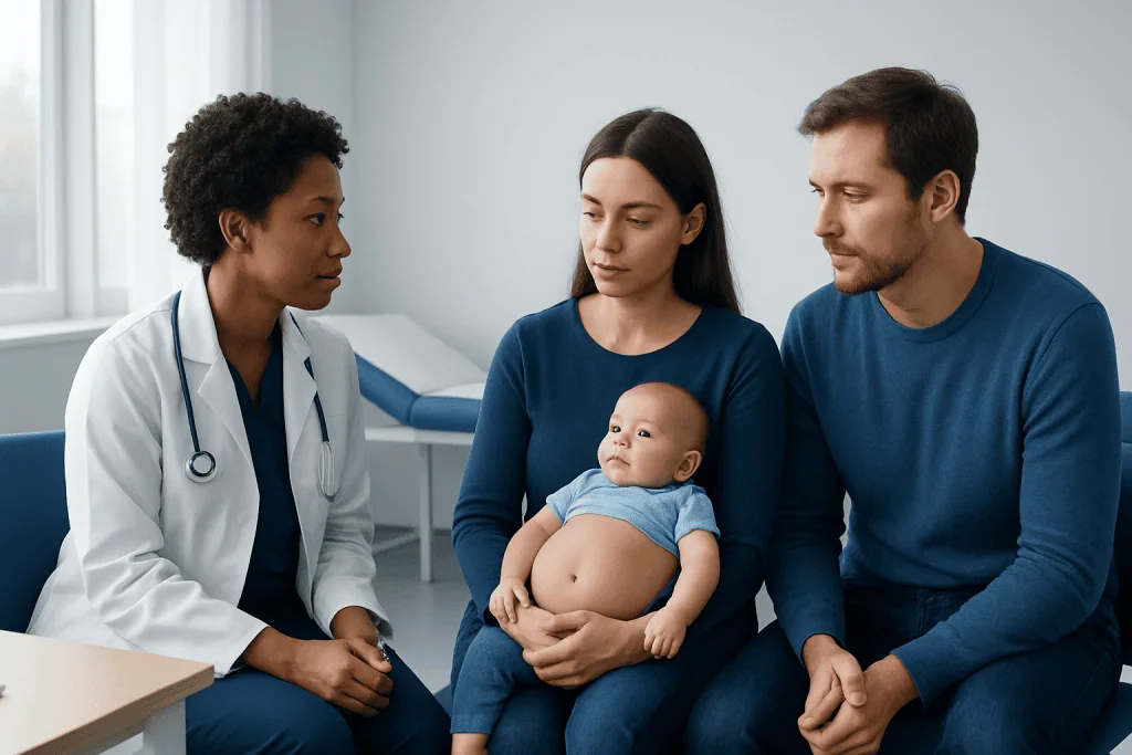 Pediatric consultation with a doctor, mother, father, and baby in a clinic setting.