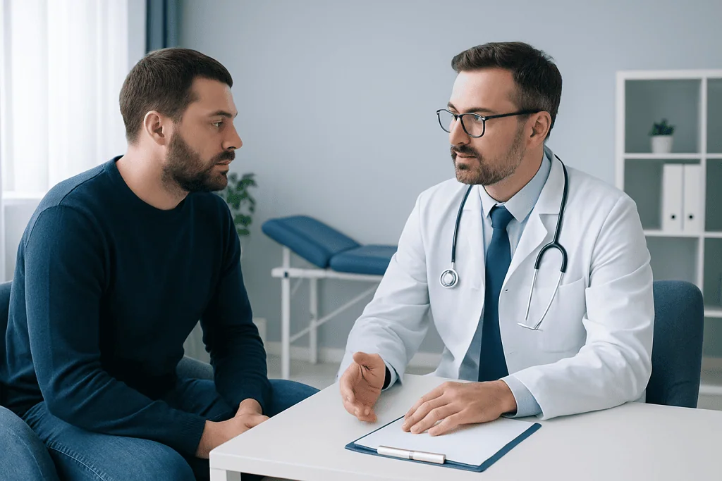 Doctor consulting with a patient about Buerger's Disease symptoms and risk factors.
