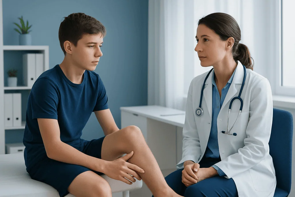 Pediatric doctor examining a boy's knee in a clinic setting.