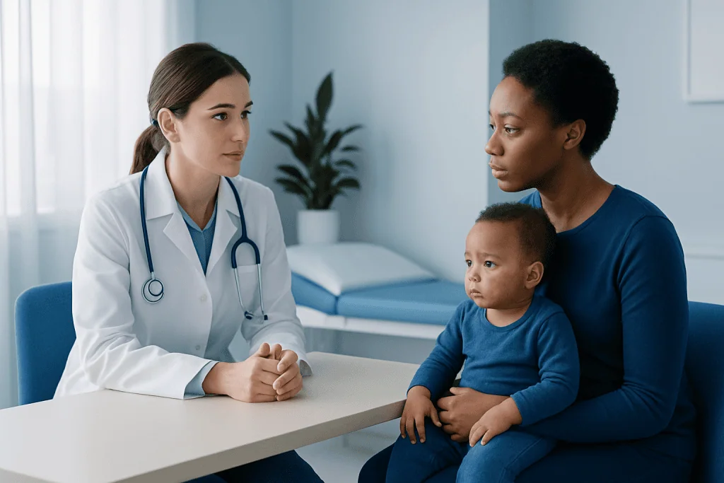 Doctor consulting mother and child in a medical office setting.