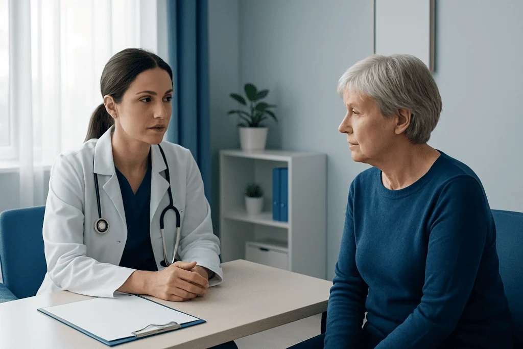 Doctor consulting with an elderly patient in a medical office.