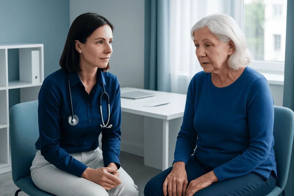 Doctor consulting with an elderly woman in a medical office.