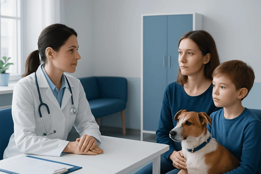 Doctor consulting with a woman and child with a dog in a medical office.