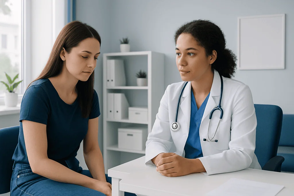 Doctor consulting with a patient in a medical office setting.