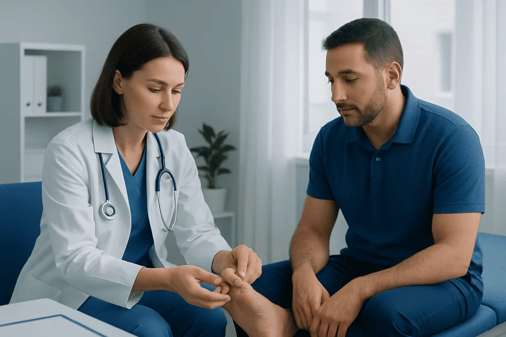 Doctor examining a patient's foot in a clinical setting.
