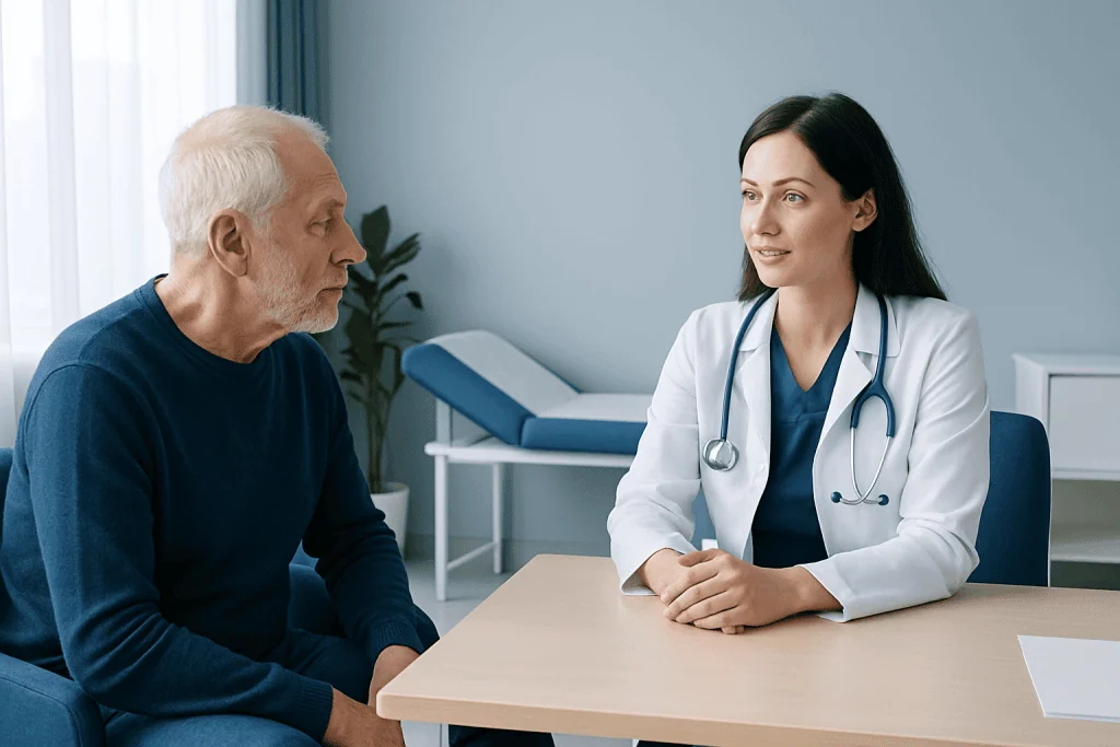 Doctor consulting with elderly patient in a medical office setting.