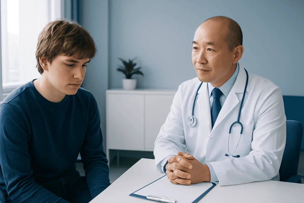 Doctor consulting with a young patient in a modern clinic setting.