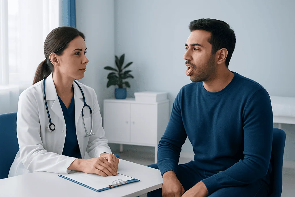 Doctor consulting with a male patient about tongue tie issues.