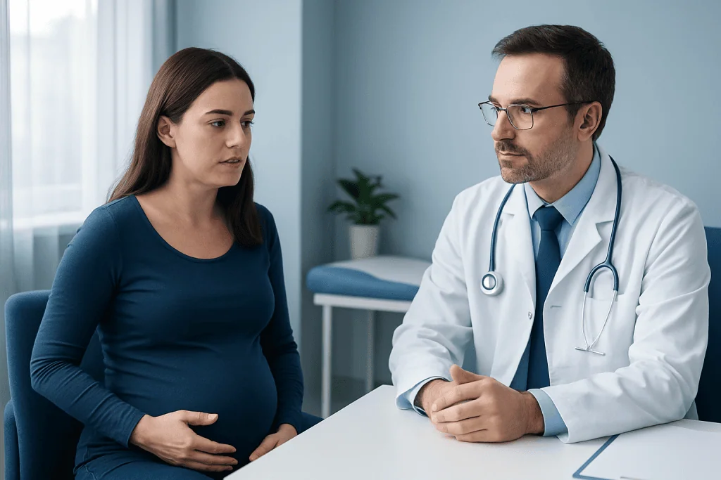 Pregnant woman consulting with a doctor in a medical office.